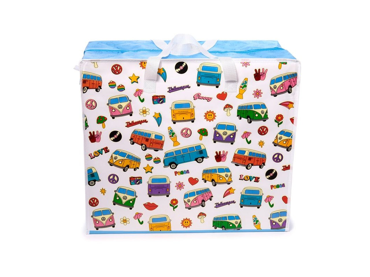 Sacca per il bucato con zip in polipropilene, celeste e bianco, vintage con grafica di pulmino Volkswagen 48x55x28 cm - Puckator