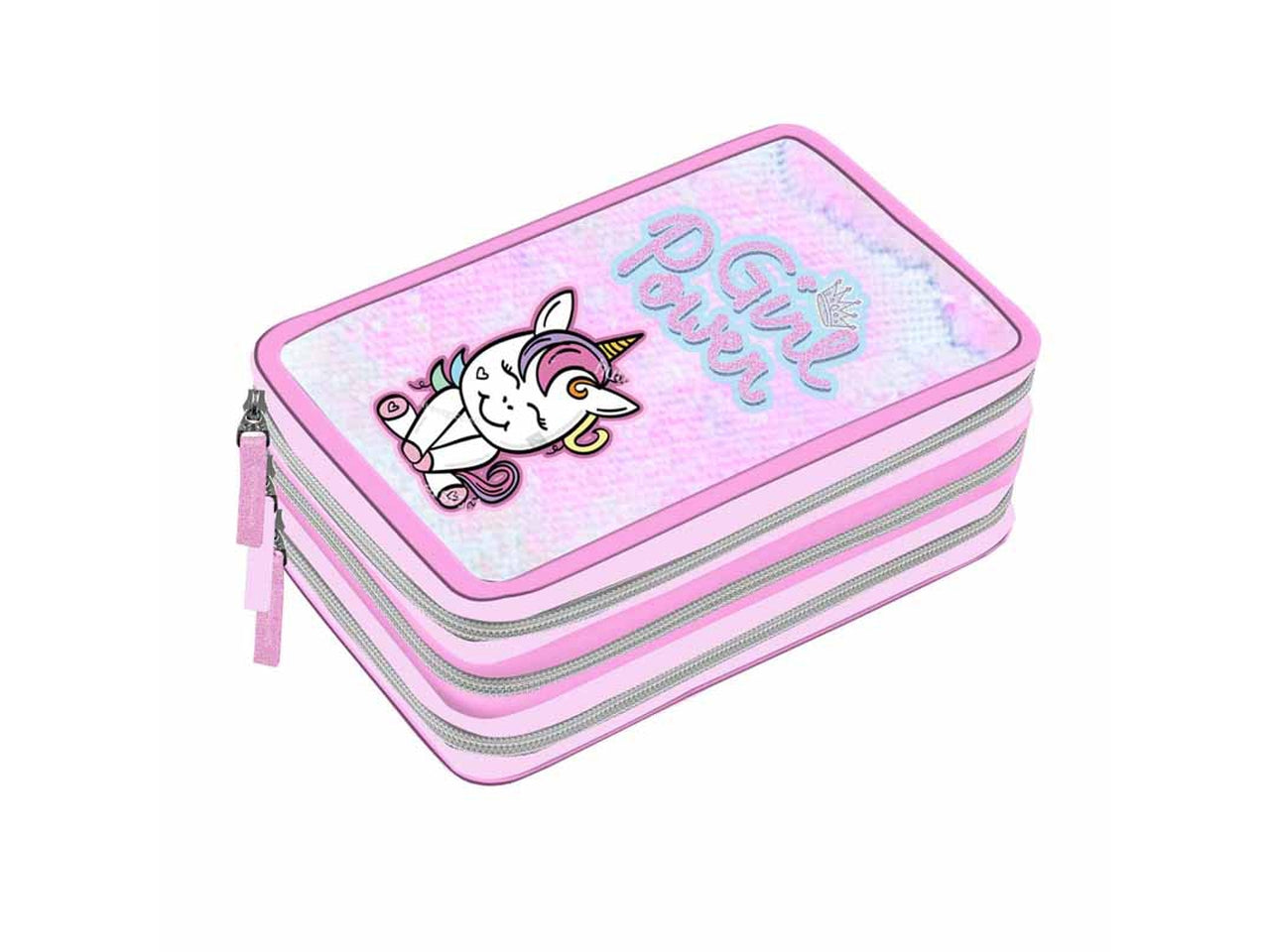 Astuccio scuola 3 scomparti unicorno per bambina fucsia e rosa in tessuto con paillettes patch cucite 19,5x12,5x6 cm - Dimagraf