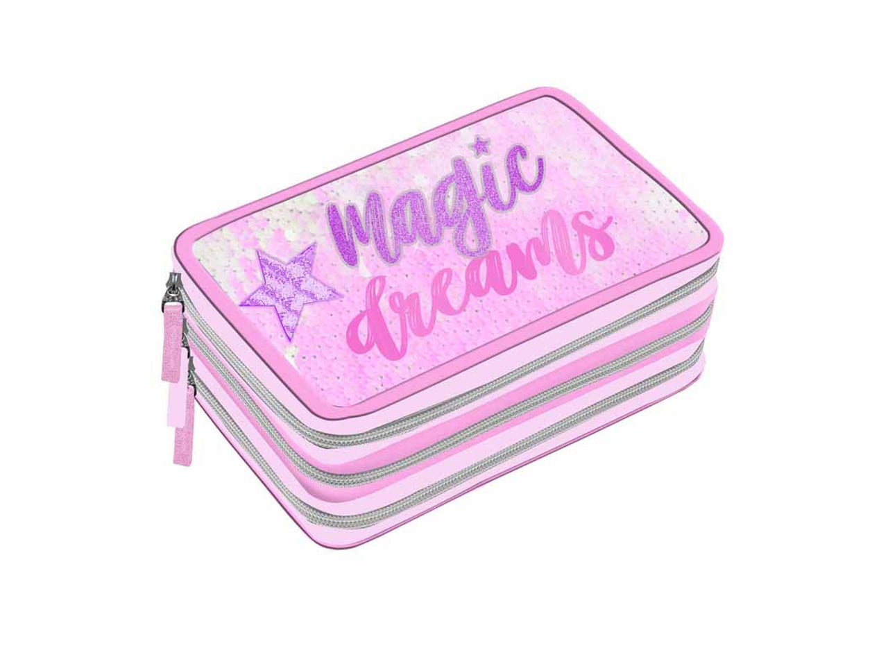 Astuccio scuola 3 scomparti unicorno per bambina fucsia e rosa in tessuto con paillettes patch cucite 19,5x12,5x6 cm - Dimagraf