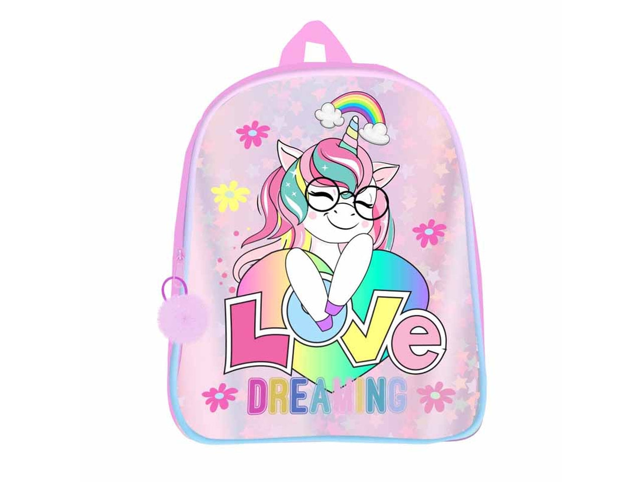 Zaino asilo unicorno per bambina in tessuto iridescente rosa, con tirazip pon pon 30x21x8 cm - Dimagraf