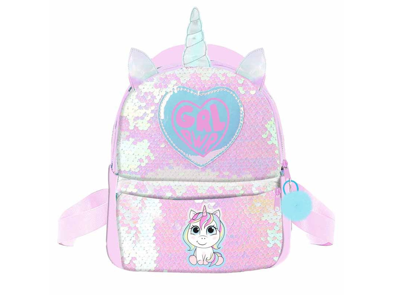 Zaino asilo unicorno in poliestere rosa e lilla sagomato con paillettes 30x21x8 cm -Dimagraf