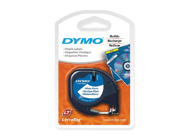 Scotch in plastica Dymo per stampa a trasferimento termico per etichettatrici : scritta nera-fondo bianco 12 mm x 2 mt