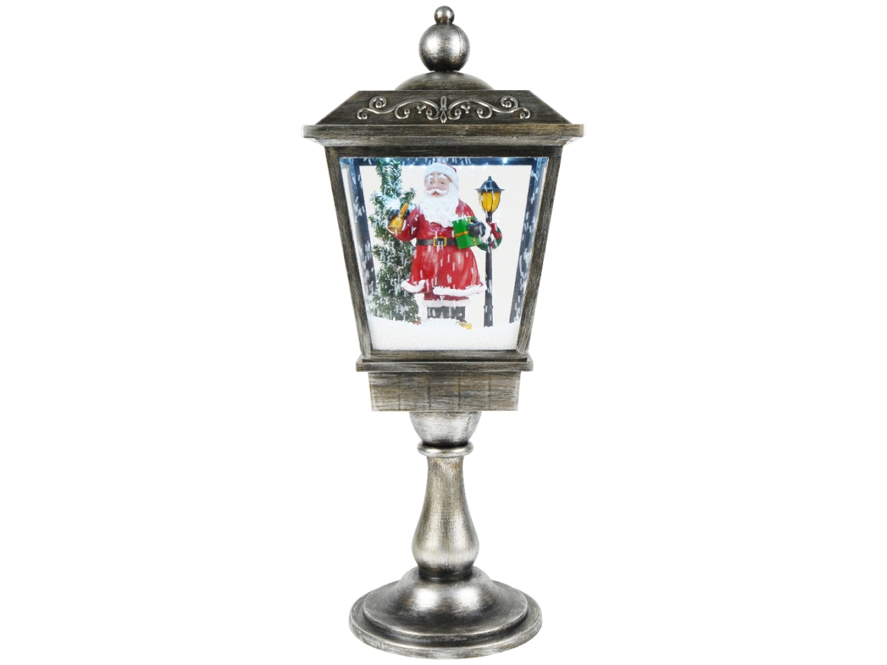 Lanterna natalizia da tavolo con babbo natale e neve 27x27x68cm nero/argento con led adattatore incluso