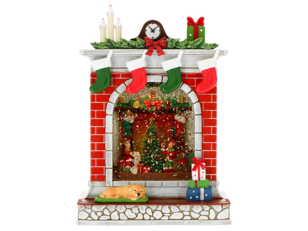 Camino natalizio con acqua e led funzionamento a batteria misura 17,8x10,2x25,4cm colore bianco, rosso e verde