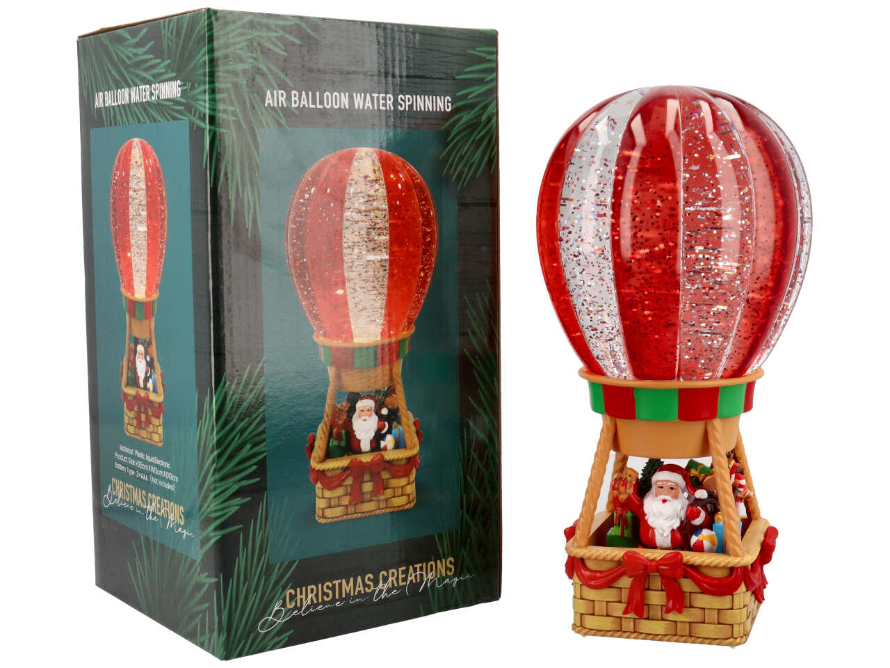 Giostrina natalizia mongolfiera con babbo natale e animali con acqua 12x12x24,8cm con led