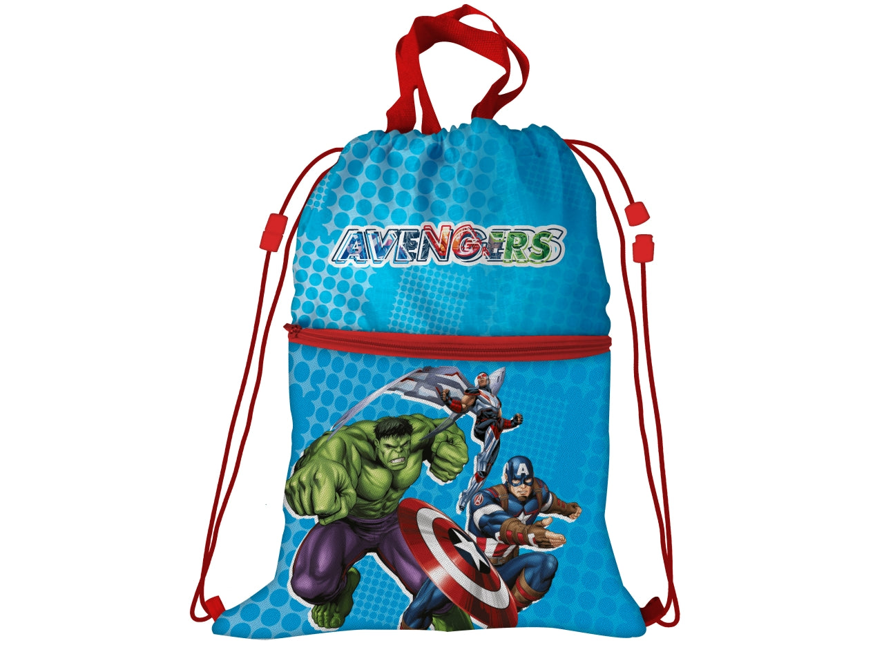 Sacca zaino Avengers bambino rosso e azzurro in poliestere con tasca e zip 44x34 cm - MC Group