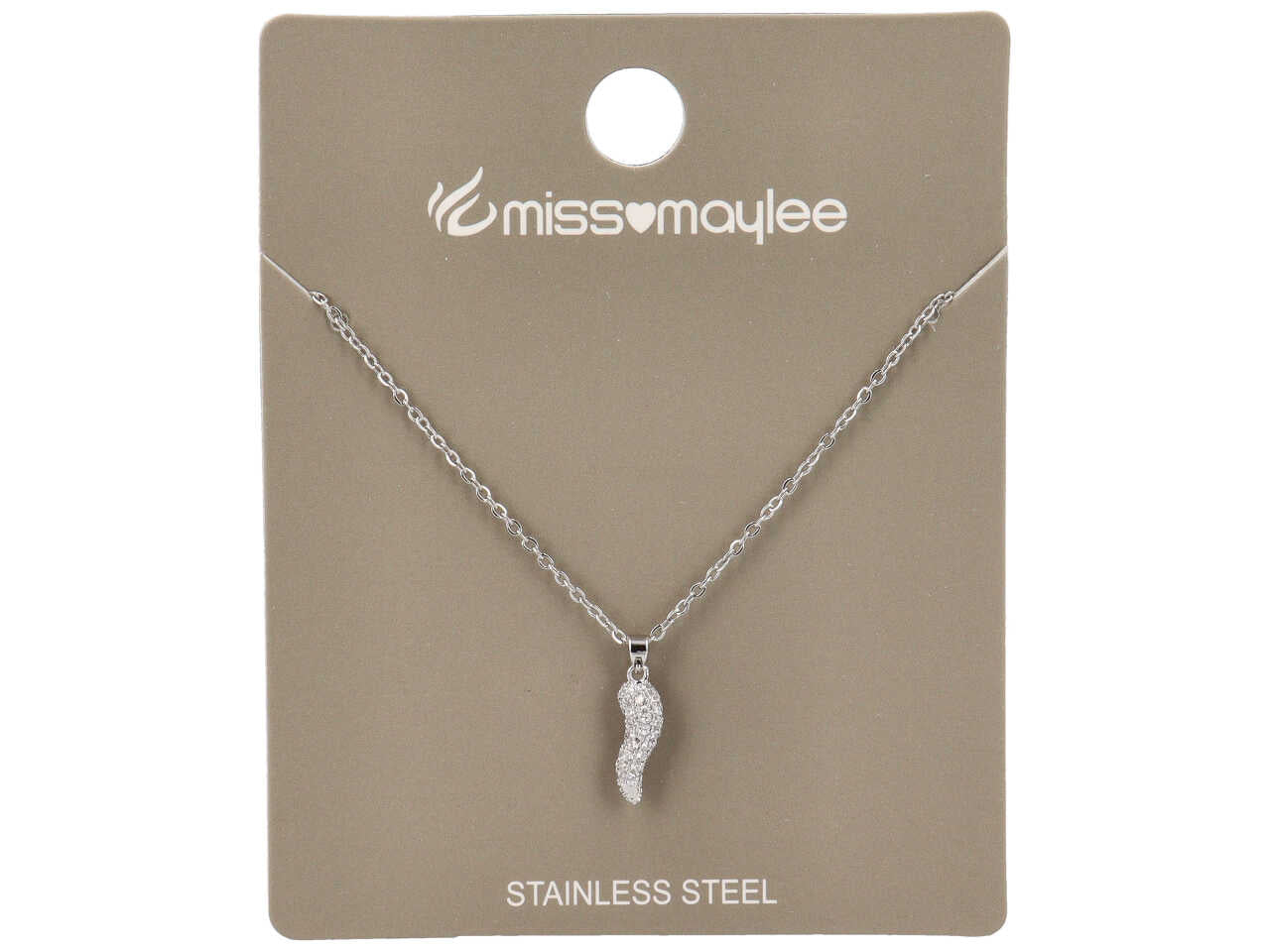 Collana con filo argentato e ciondolo a forma di corno con strass