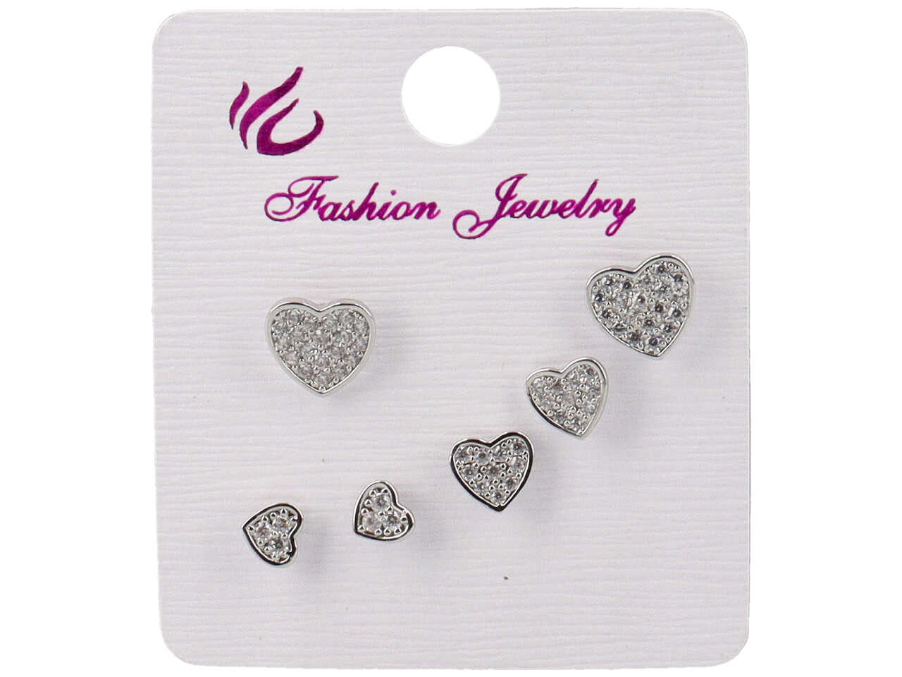 Orecchini in ottone argento a forma di cuore con strass di varie grandezze - la confezione comprende 3 paia