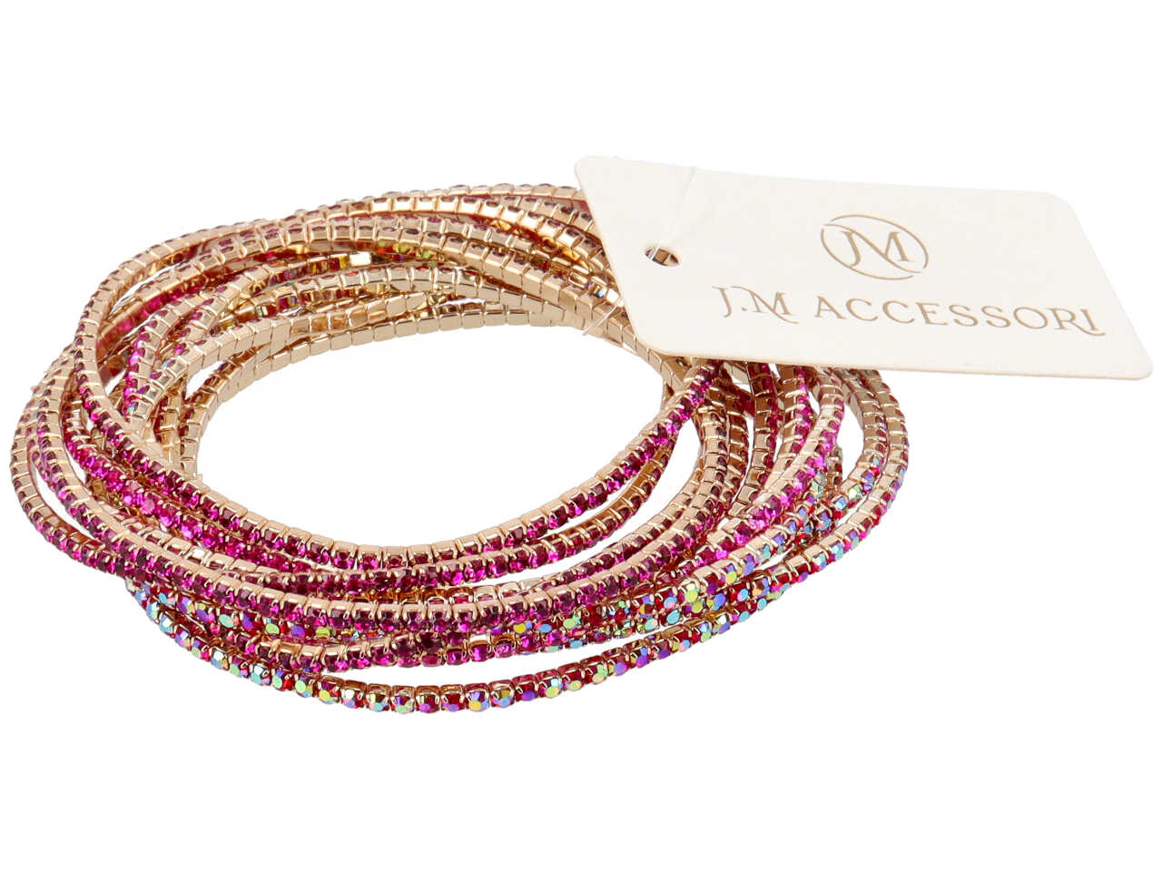 Set di 12 bracciali elastici con zirconi color fucsia