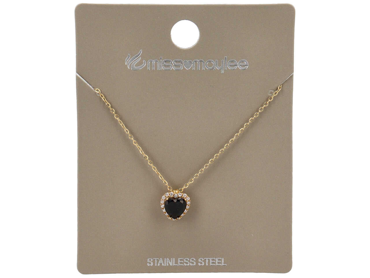 Collana oro in acciaio con ciondolo a forma di cuore e strass centrale nero