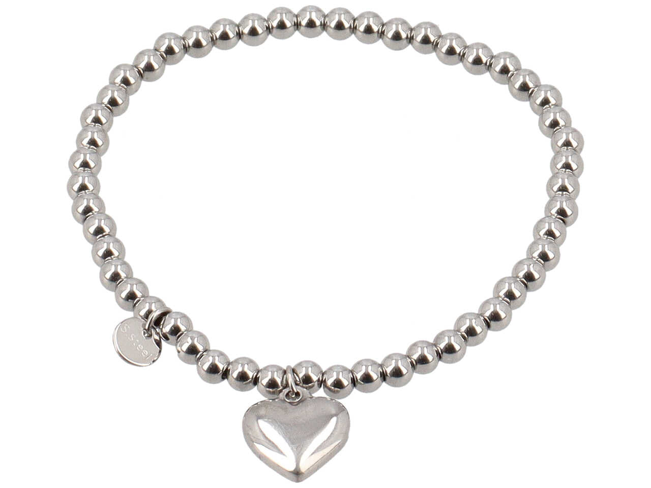Bracciale in acciaio con sfere argento e ciondolo a forma di cuore