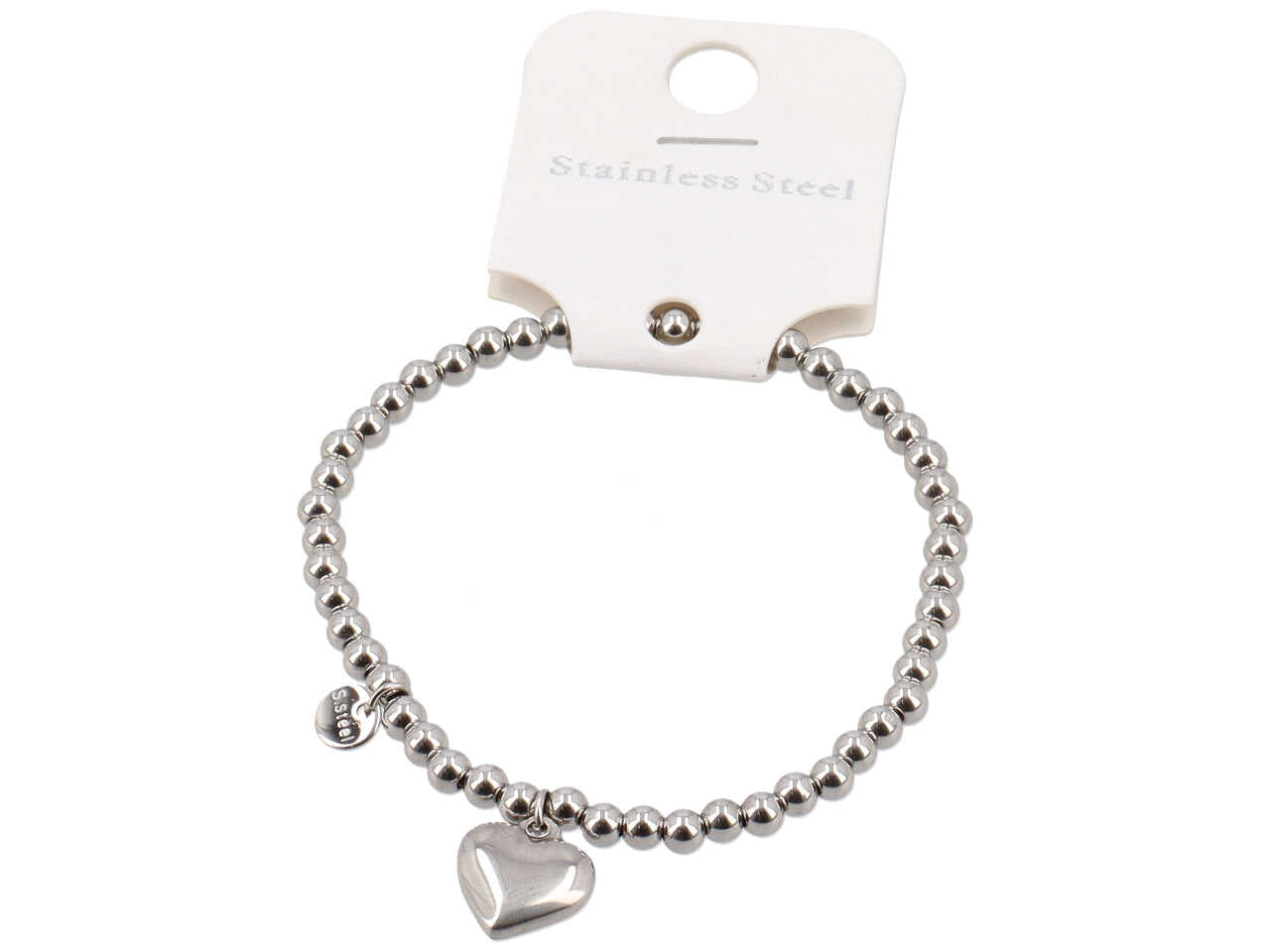 Bracciale in acciaio con sfere argento e ciondolo a forma di cuore