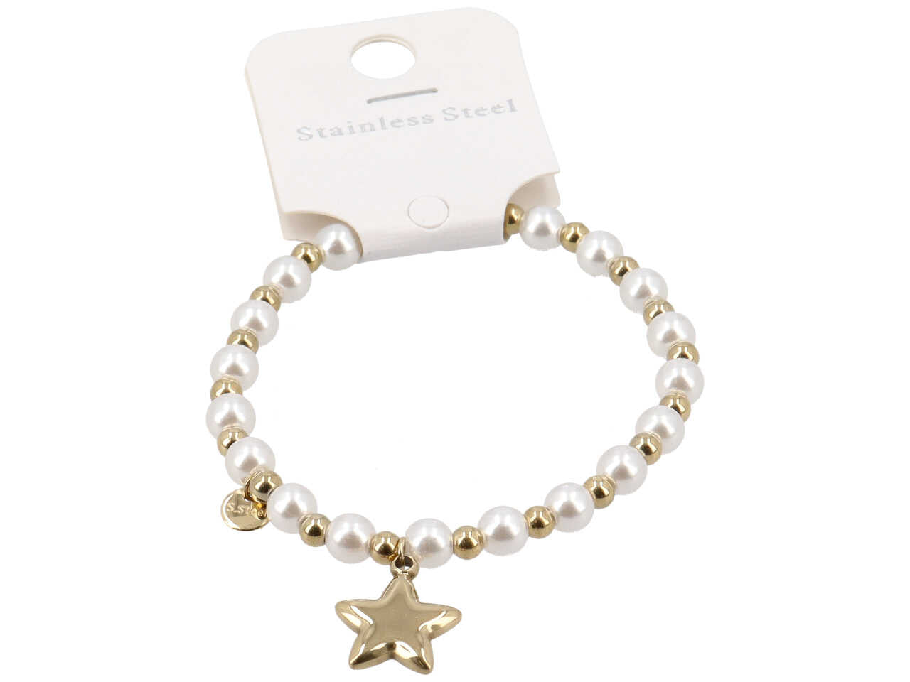 Bracciale in acciaio con perle e ciondolo a forma di stella oro