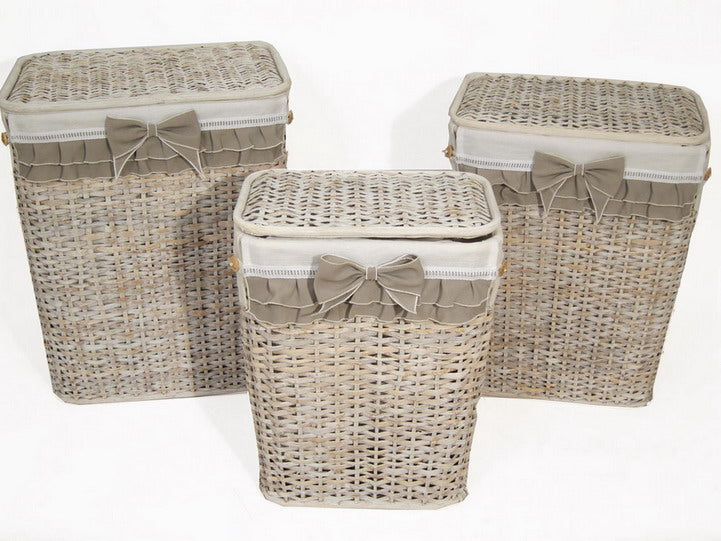 Portabiancheria in rattan sbiancato con fiocco 48x36x60cm - set da 3 portabiancheria