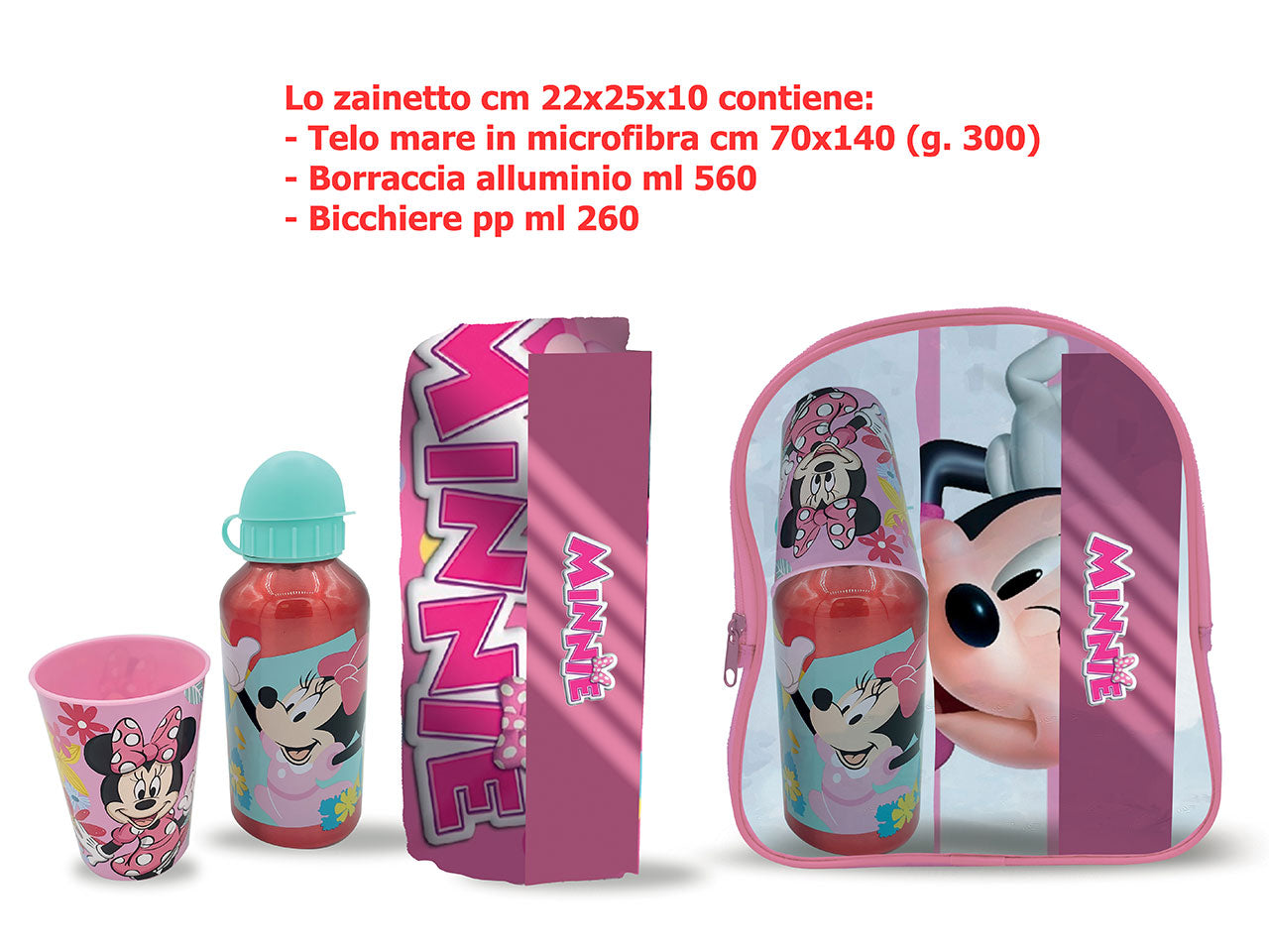 Minnie zainetto telo mare e borraccia