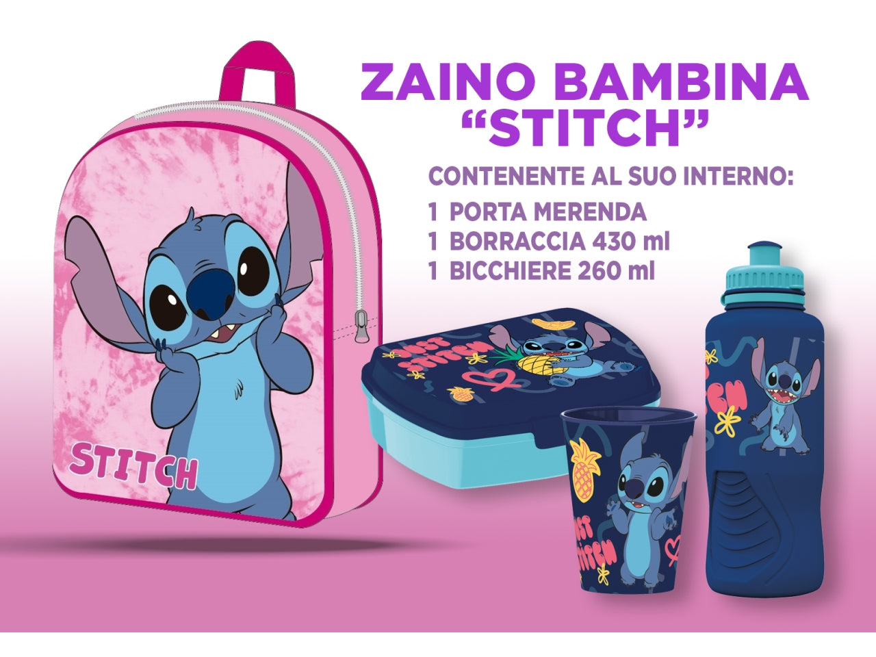 Zaino asilo Stitch bambina basic rosa e blu con accessori 30x26x10 cm - Real Trade Italia