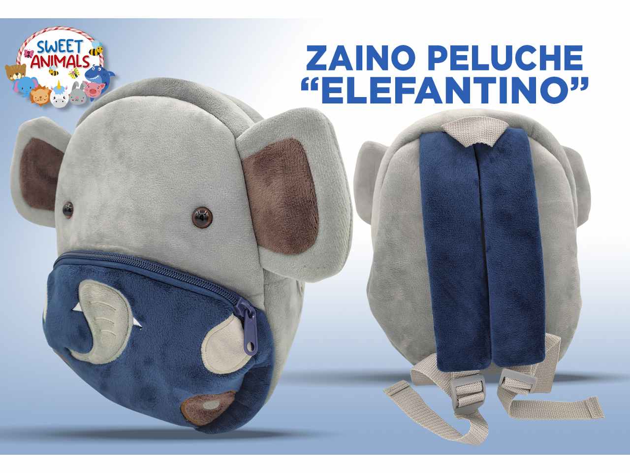 Sweet animals zainetto elefantino peluche misure 28x26x12cm