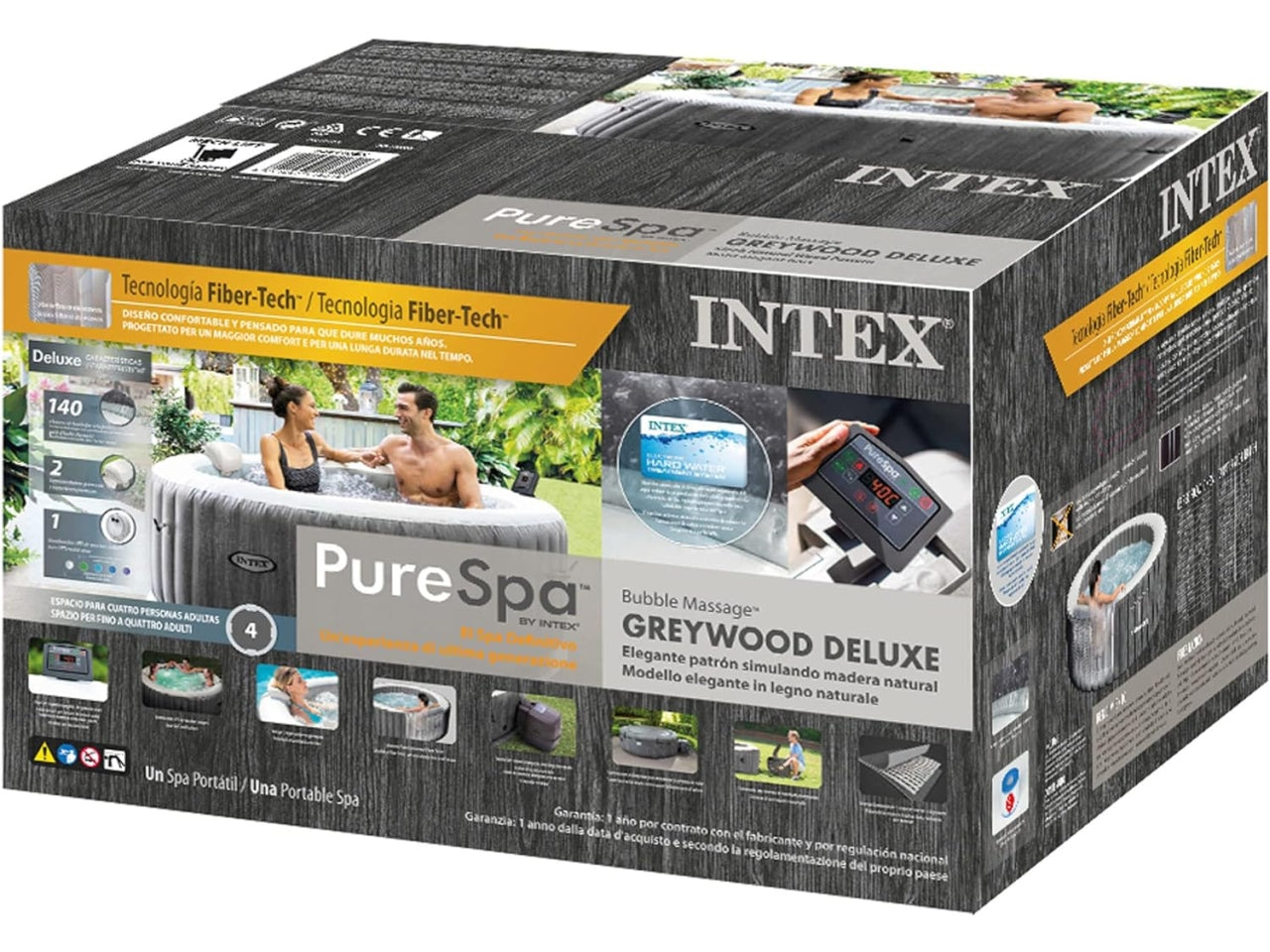 Pure spa greywood deluxe 196x71cm 4 posti con pompa, riscaldatore, sistema purificazione acqua, 2 poggia testa, luce  led multi color