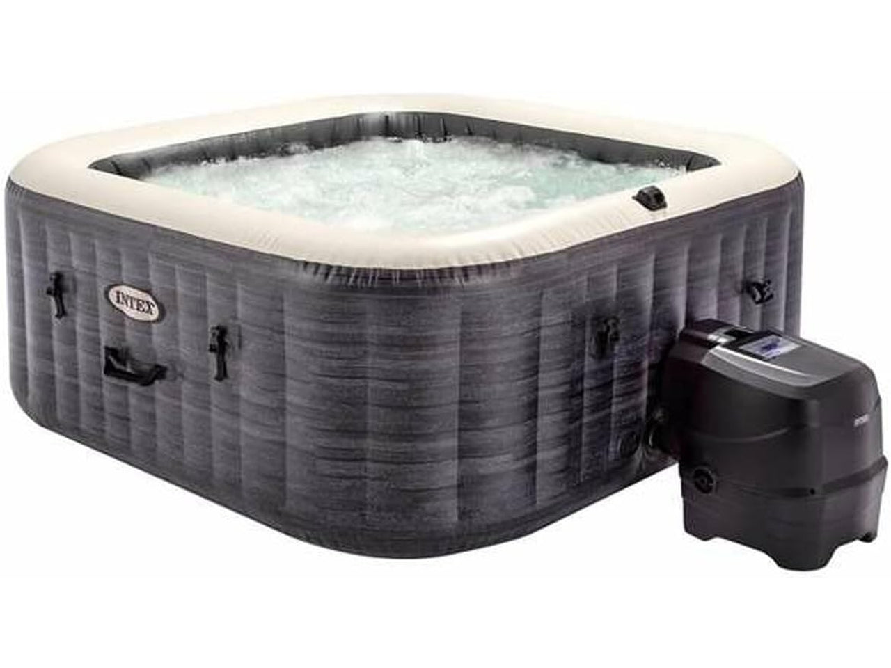 Bubble massage set greystone deluxe 4 posti quadrata con pompa, riscaldatore, sistema di purificazione acqua, 140  getti, telo base, telo copertura, dispenser di cloro