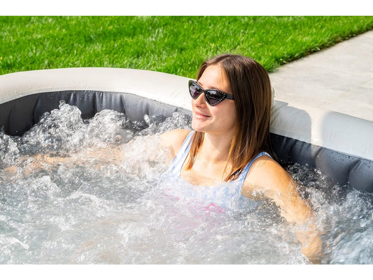 Bubble massage set greystone deluxe 4 posti quadrata con pompa, riscaldatore, sistema di purificazione acqua, 140  getti, telo base, telo copertura, dispenser di cloro