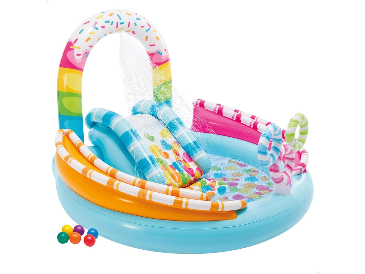 Piscina gonfiabile caramella con scivolo, doccetta, binari per palline e 6 palline multicolor in vinile 170x168x122 cm - Intex
