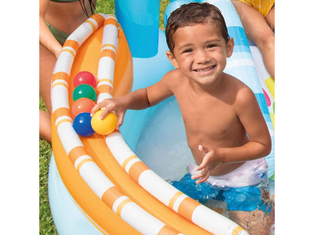 Piscina gonfiabile caramella con scivolo, doccetta, binari per palline e 6 palline multicolor in vinile 170x168x122 cm - Intex