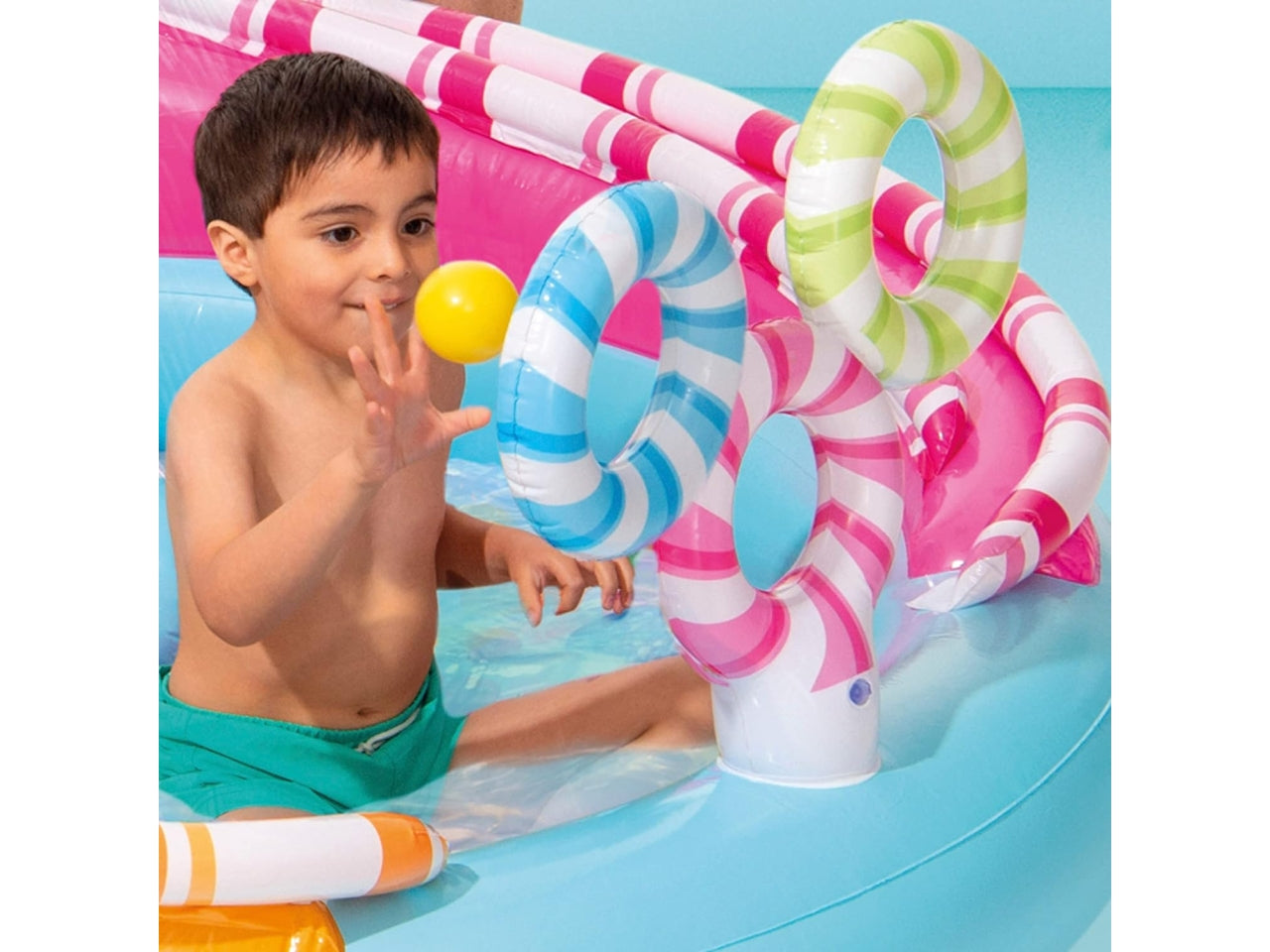 Piscina gonfiabile caramella con scivolo, doccetta, binari per palline e 6 palline multicolor in vinile 170x168x122 cm - Intex