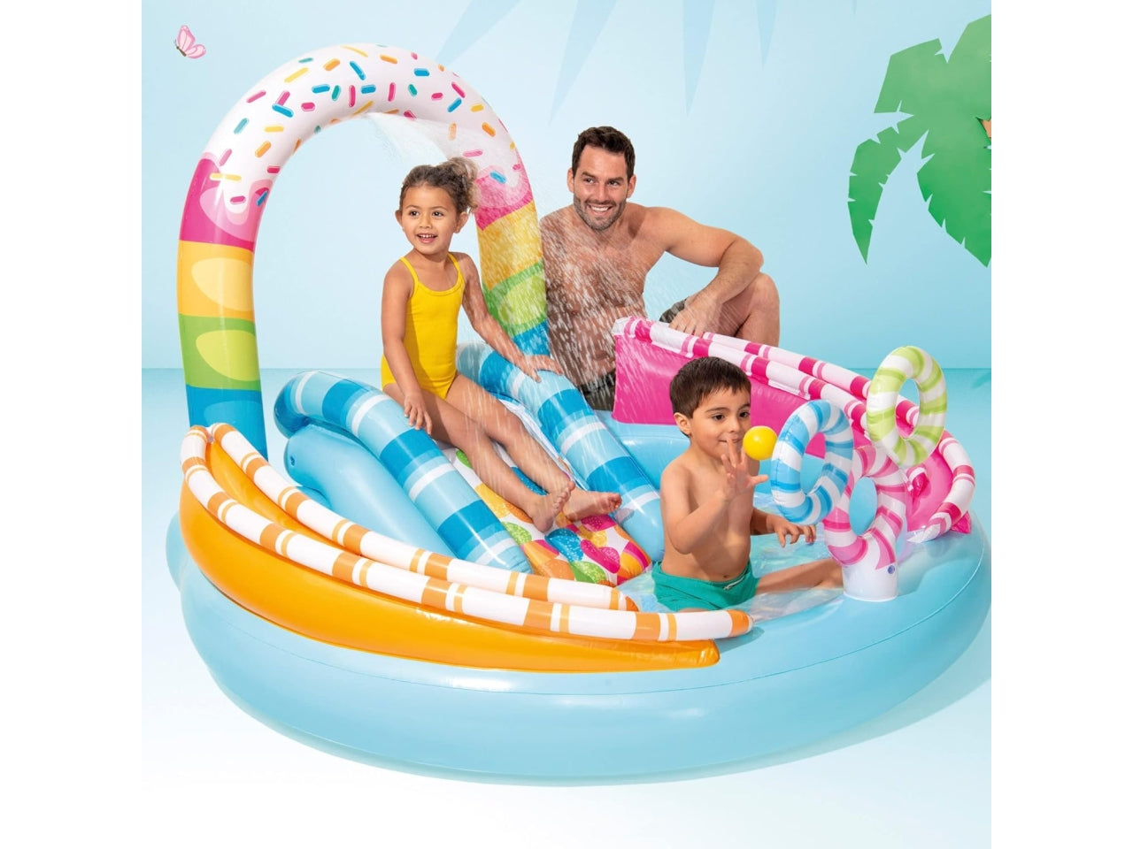 Piscina gonfiabile caramella con scivolo, doccetta, binari per palline e 6 palline multicolor in vinile 170x168x122 cm - Intex