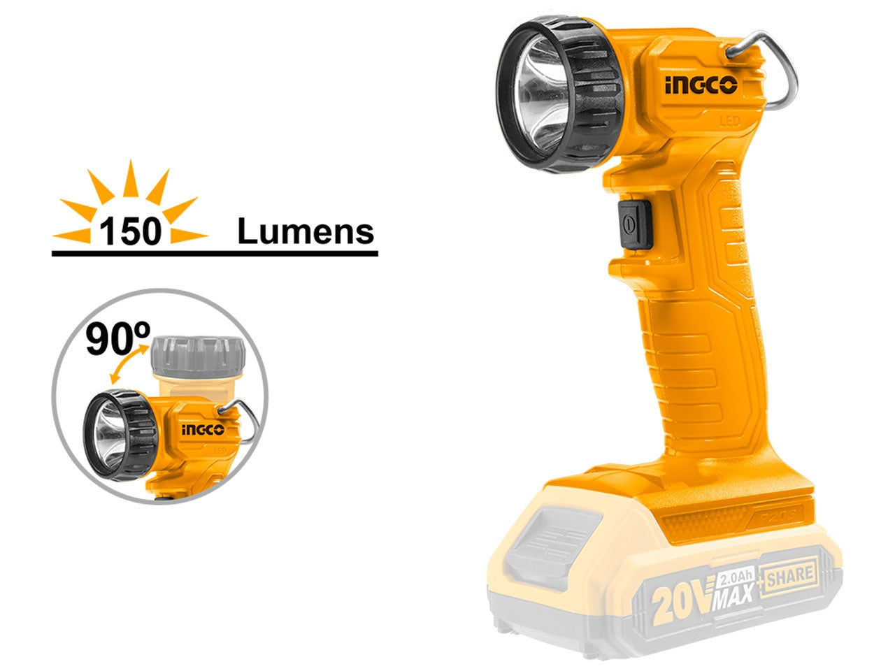 Lampada da lavoro a batteria 20V, 150lum, con snodo a 90°,  Ingco: illuminazione potente e flessibile