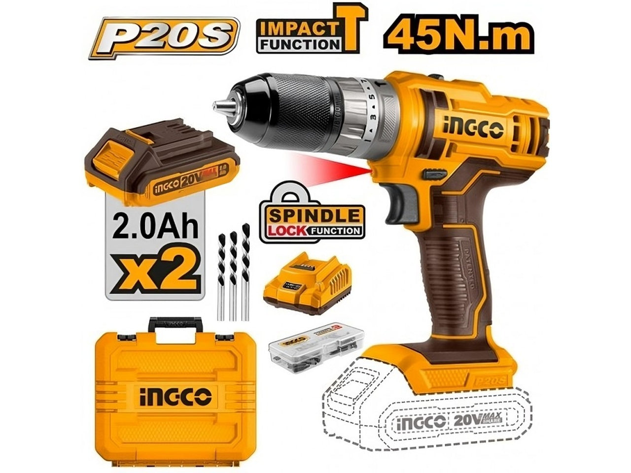 Trapano avvitatore 20v con 2 batterie + 47 accessori