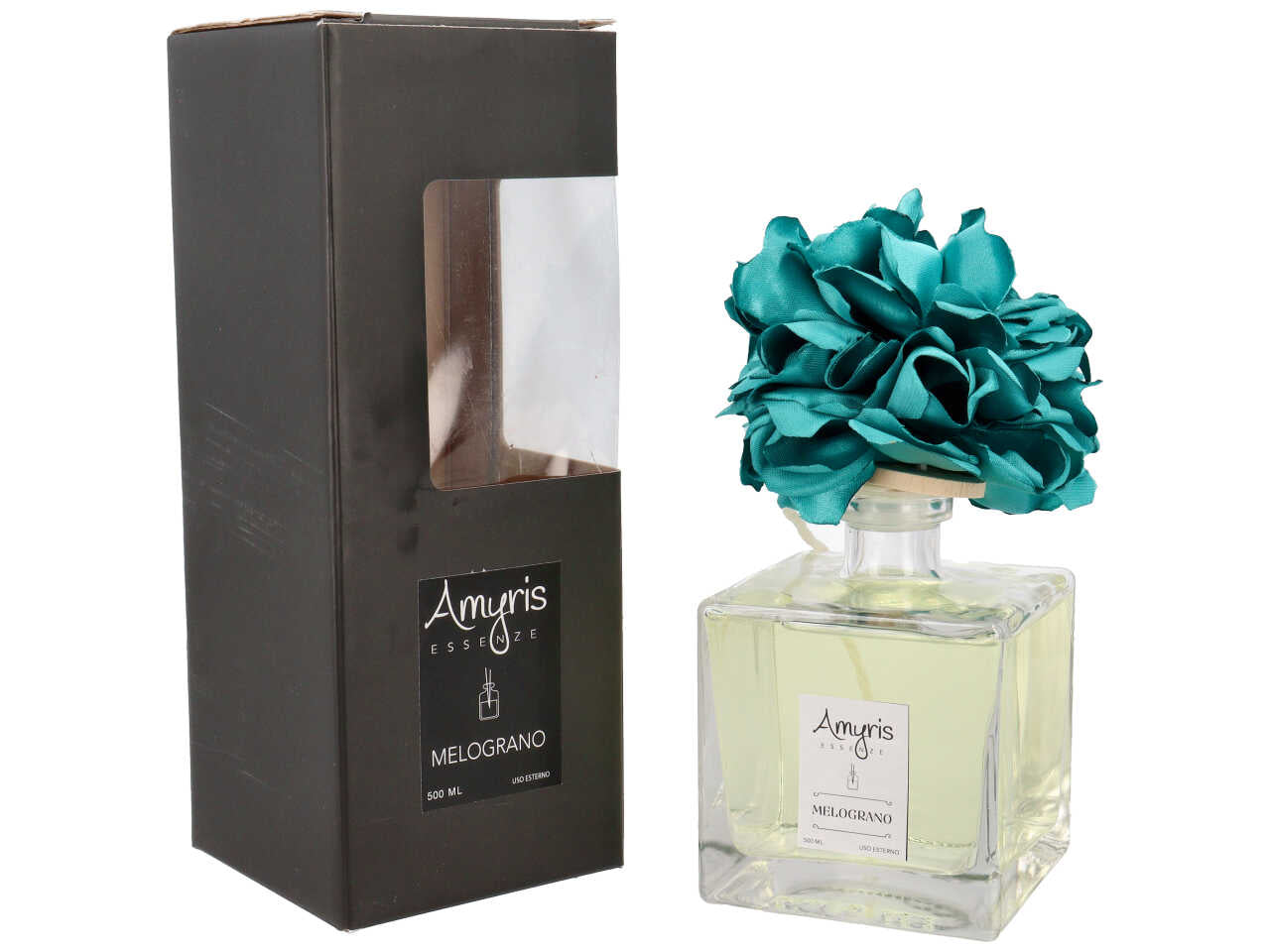Diffusore con bacchette e fiore verde petrolio 500ml al melograno