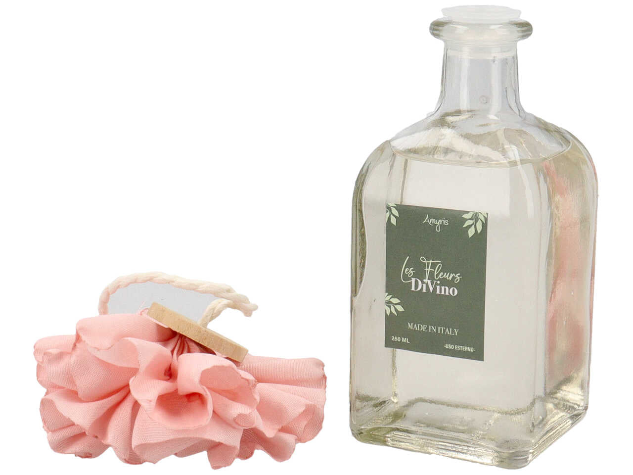 Diffusore con bacchette e fiore rosa 250ml al profumo divino