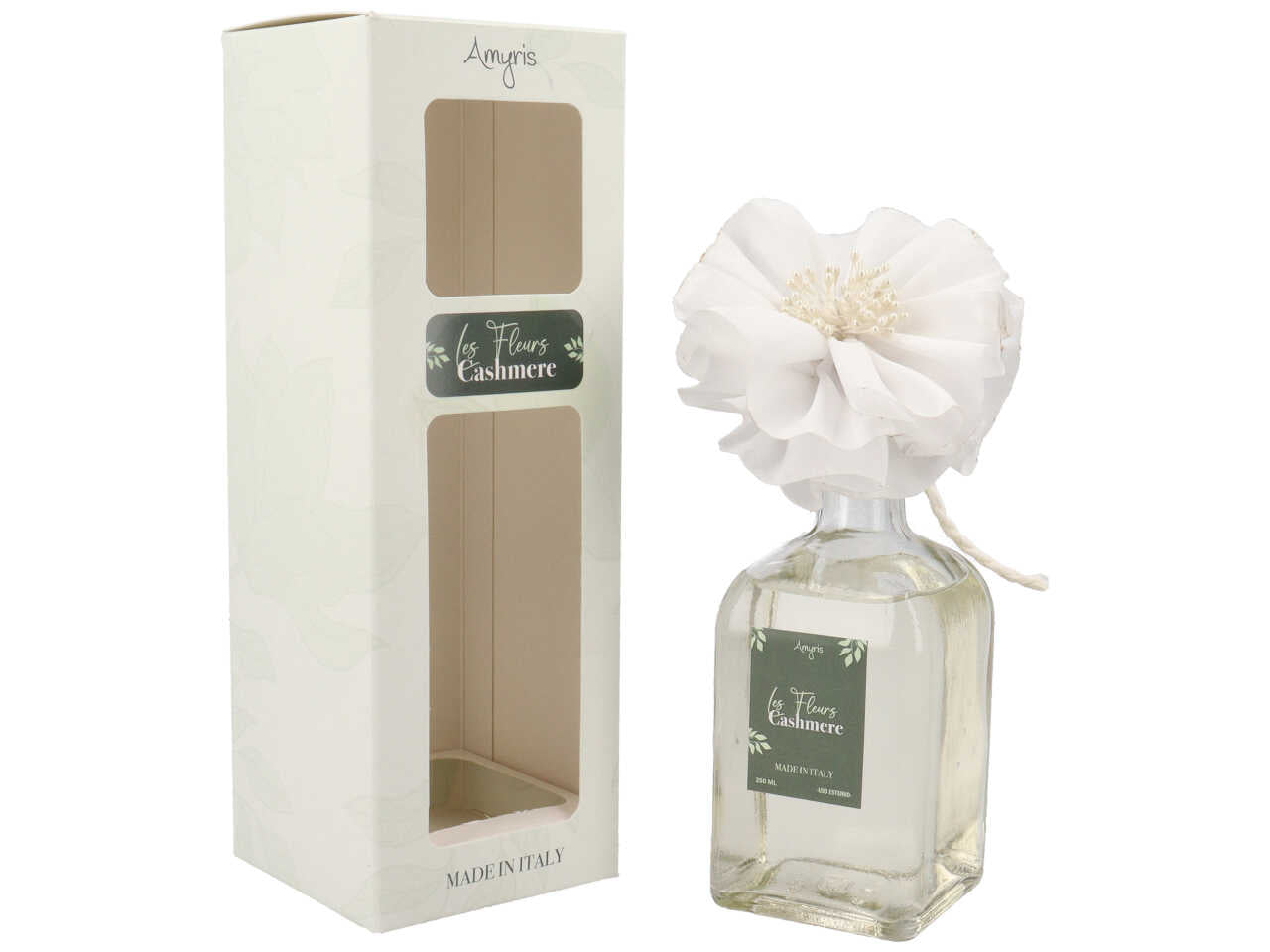 Diffusore con bacchette e fiore bianco 250ml al profumo cashmere