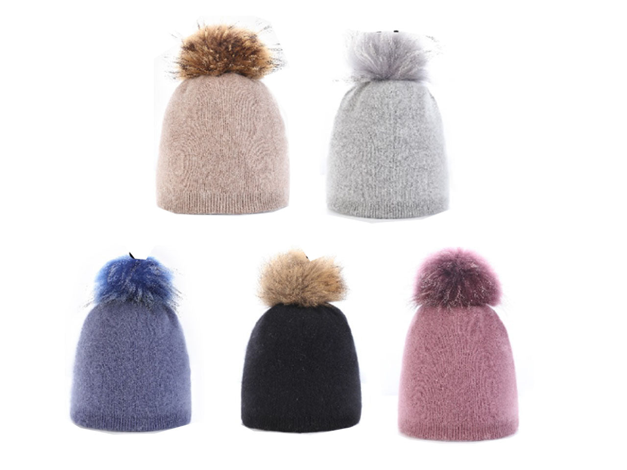 Cappello con pon pon nei colori beige, grigio, glicine, blu e nero