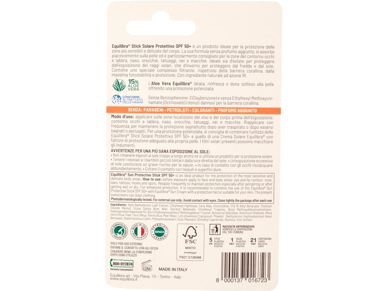 Eqilibra stick solare protettivo aloe spf 50+ 10ml