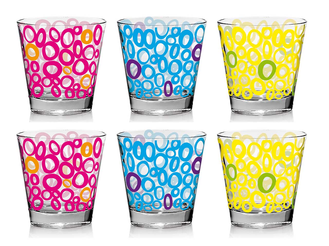 Bicchieri in vetro per acqua linea nadia assortiti in confezione da 6 pezzi con decorazioni play da 250cc in 3 assortimenti