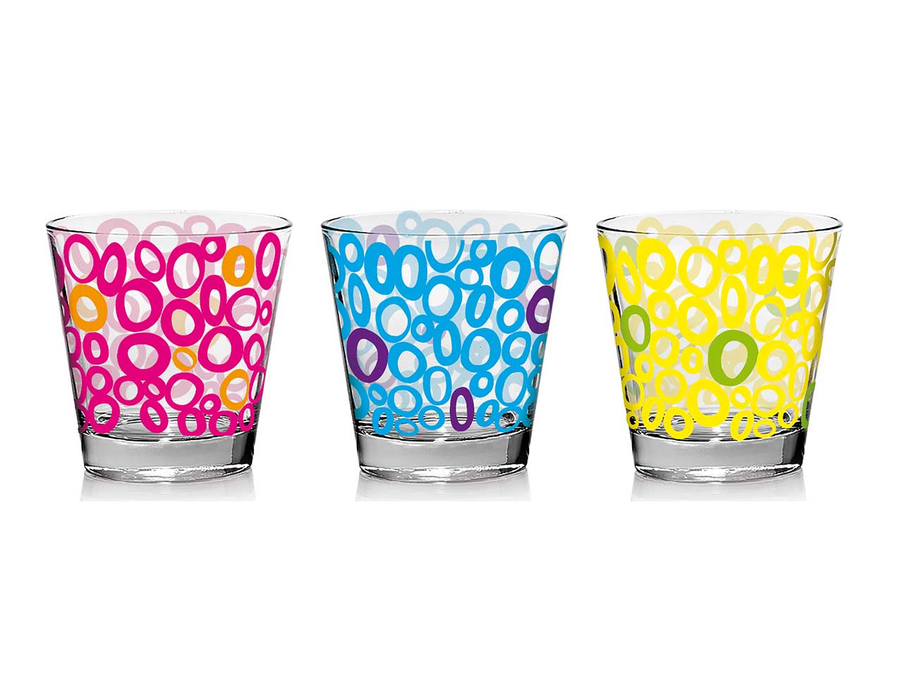 Bicchieri in vetro per acqua linea nadia assortiti in confezione da 6 pezzi con decorazioni play da 250cc in 3 assortimenti