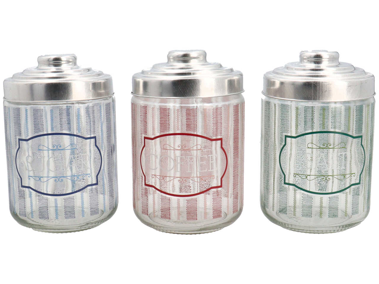 Barattoli in confezione da 3 pezzi in vetro decorato canvas da 0,8lt con tappo in 3 assortimenti