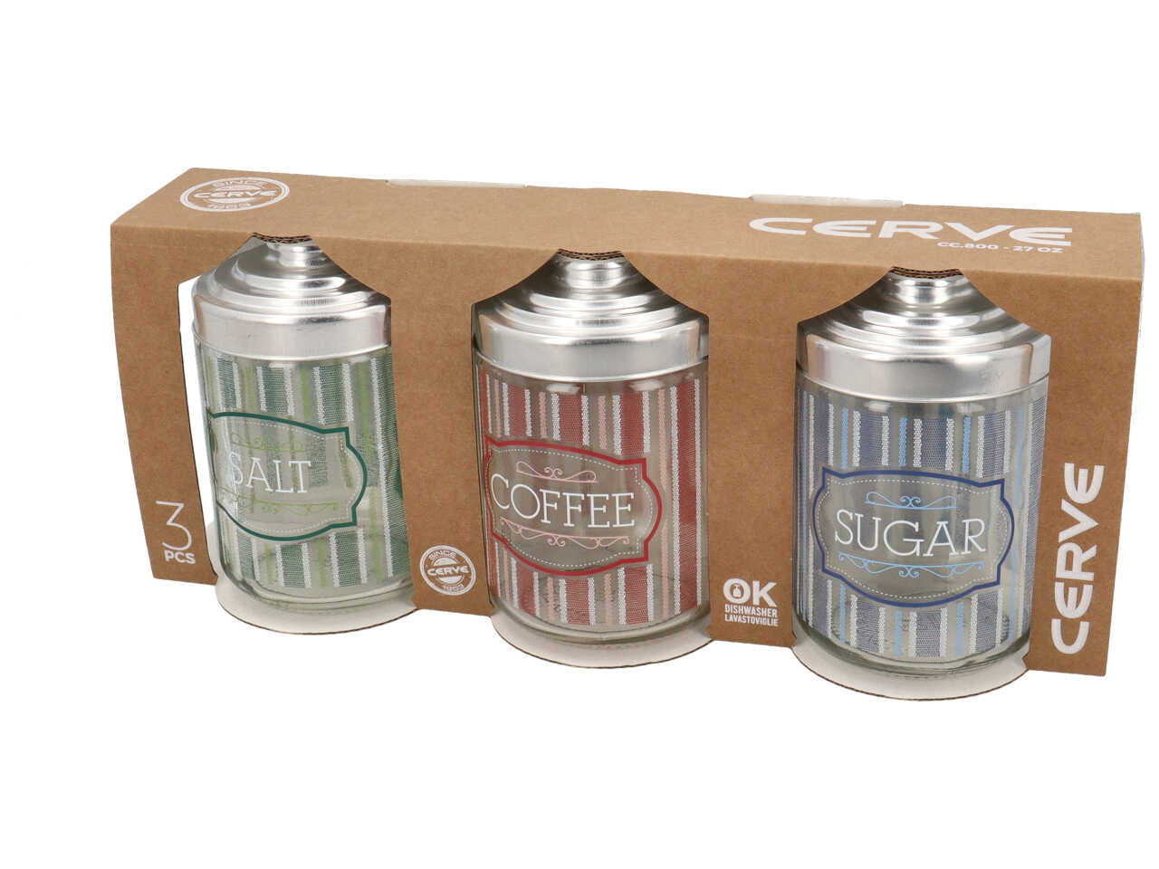 Barattoli in confezione da 3 pezzi in vetro decorato canvas da 0,8lt con tappo in 3 assortimenti
