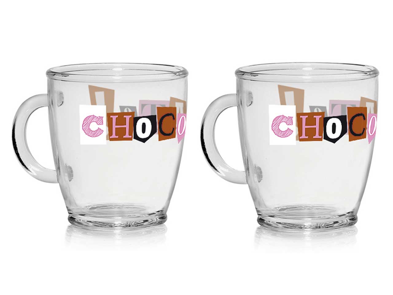Bicchieri mug in vetro linea julius con decorazioni letters chocolate da 380cc in confezione da 2 pezzi