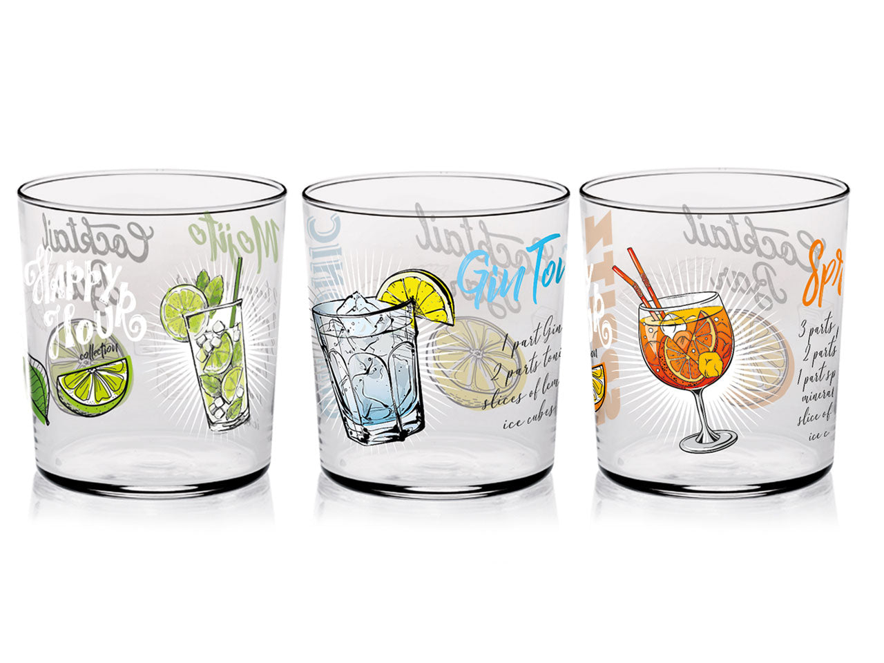 Bicchieri in vetro per cocktail linea conic in confezione da 3 pezzi con decorazioni drink da 360cc in 3 assortimenti