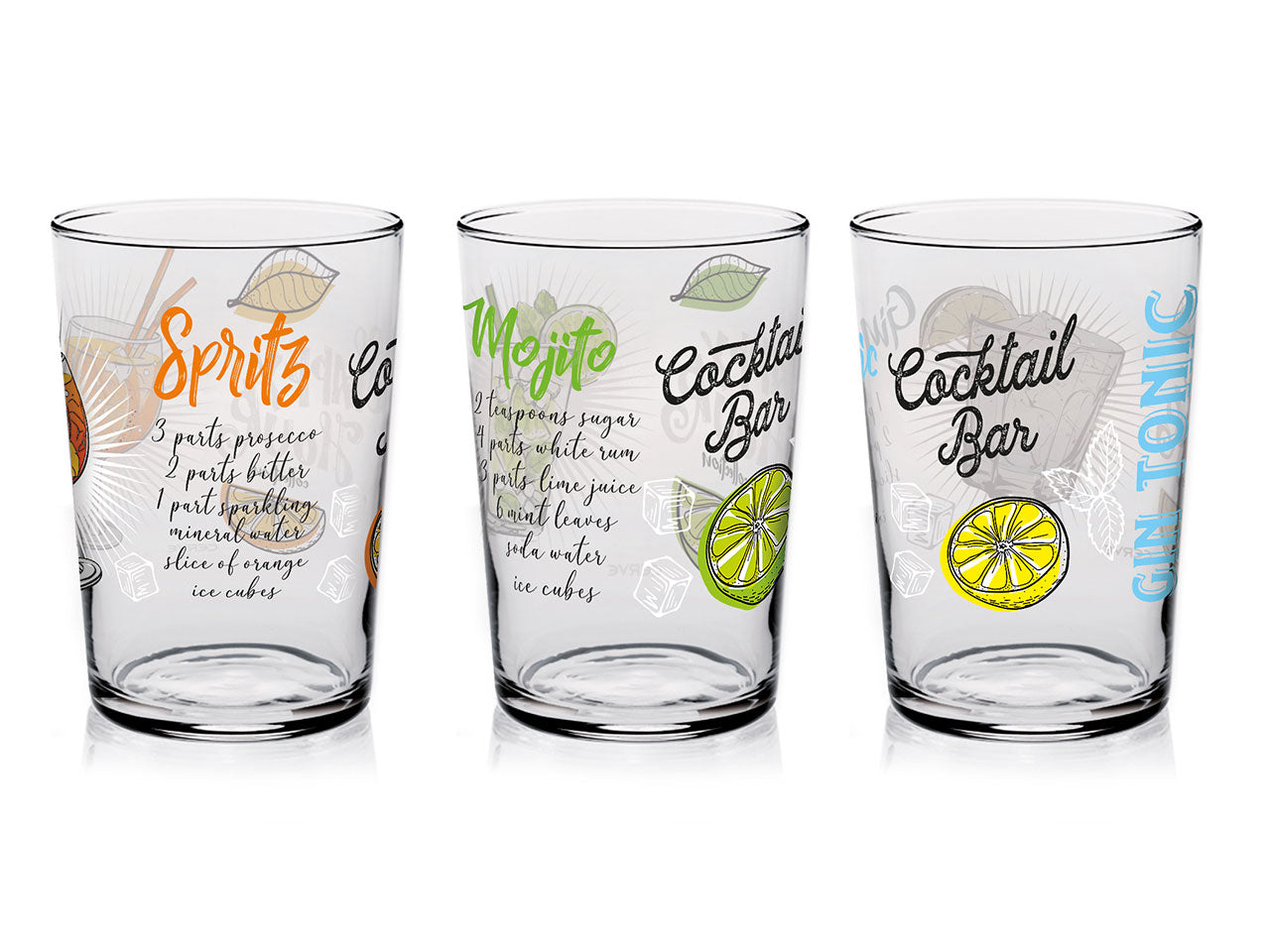 Bicchieri in vetro per cocktail linea conic in confezione da 3 pezzi con decorazioni drink da 510cc in 3 assortimenti