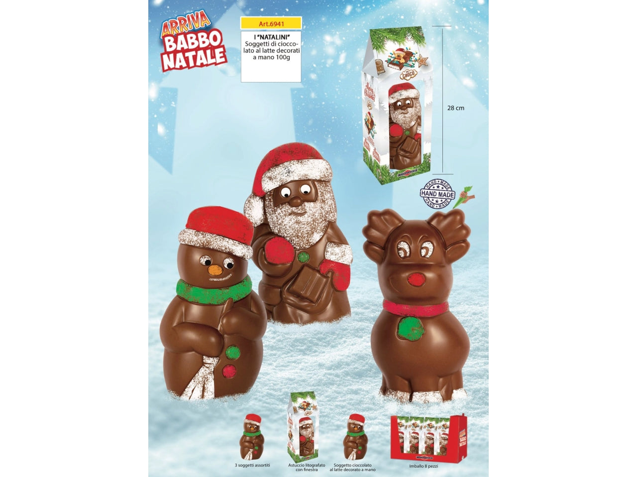 I natalini soggetto di cioccolato al latte decorati a mano 100gr in astuccio litografato con finestra