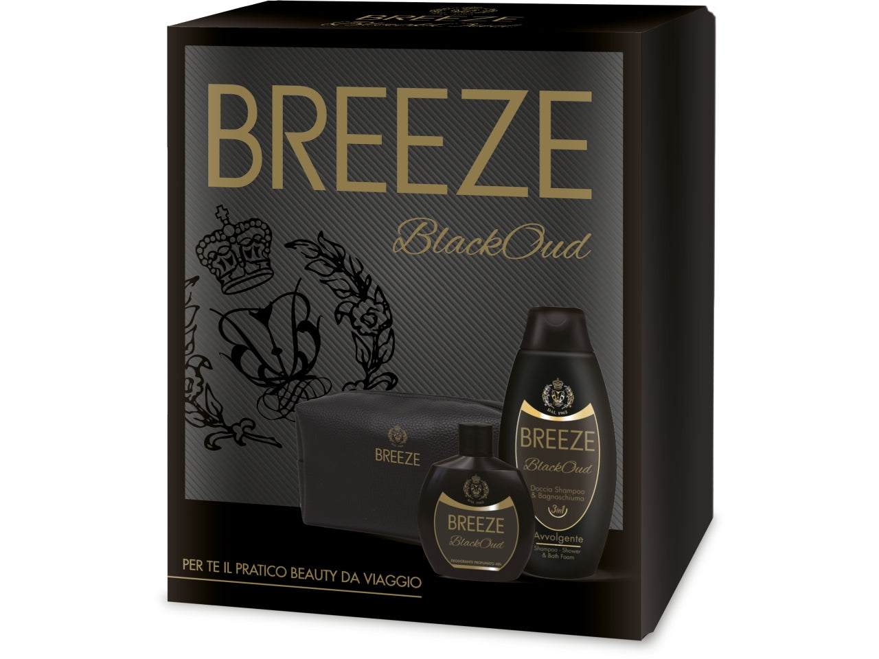 Confezione regalo breeze blackoud il set comprende breeze sqz blackoud 100ml, breeze bagno docciashampoo blackoud, cofanetto argento natale 2023, guaina breeze blackoud natale 2023, pochette breeze nero/oro in ecopelle