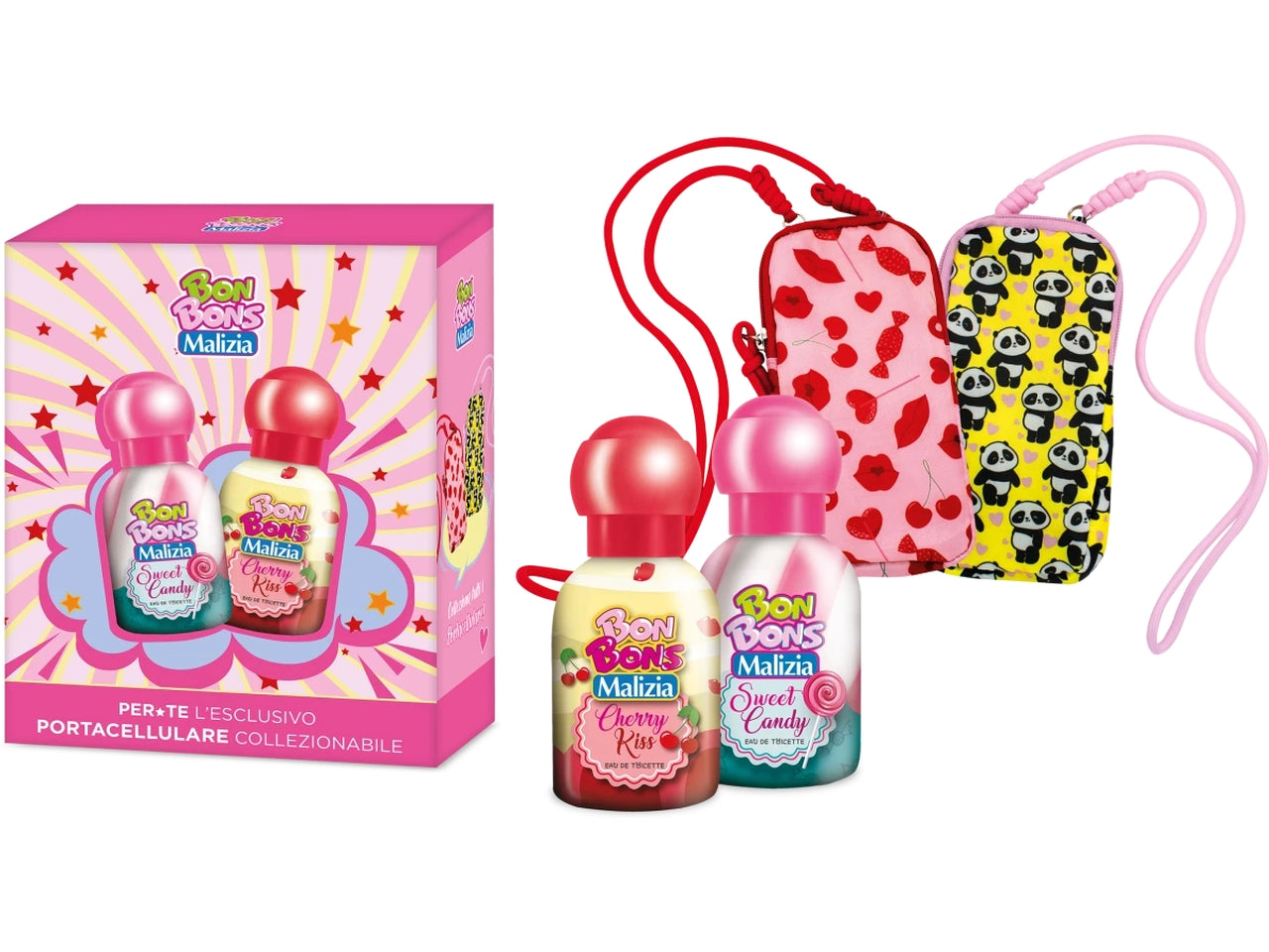 Confezione regalo malizia bonbons sweetness il set comprende eau de toilette bonbons cherry kiss 50ml, eau de toilette bonbons sweet candy 50ml, cofanetto malizia bonbons natale 2023, porta smartphone malizia bonbons