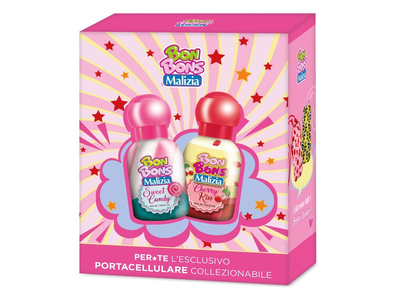 Confezione regalo malizia bonbons sweetness il set comprende eau de toilette bonbons cherry kiss 50ml, eau de toilette bonbons sweet candy 50ml, cofanetto malizia bonbons natale 2023, porta smartphone malizia bonbons