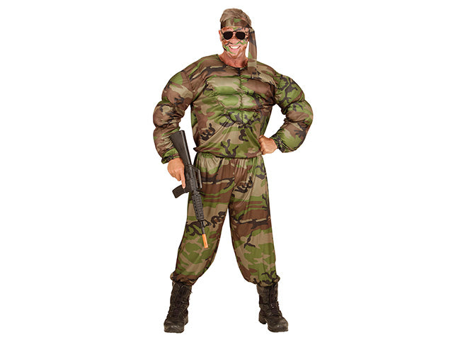 Costume da super soldato - il costume comprende camicia muscoli, pantaloni e fascia per testa - taglia l