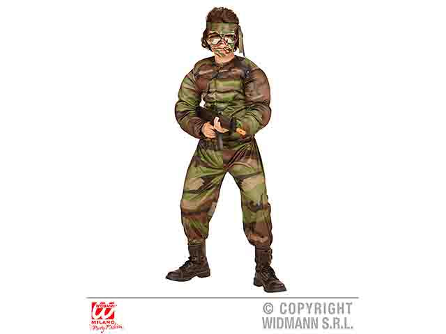 Costume da super soldato muscoloso - il costume comprende camiciamuscoli, pantaloni e fascia per testa taglia 5-7 anni
