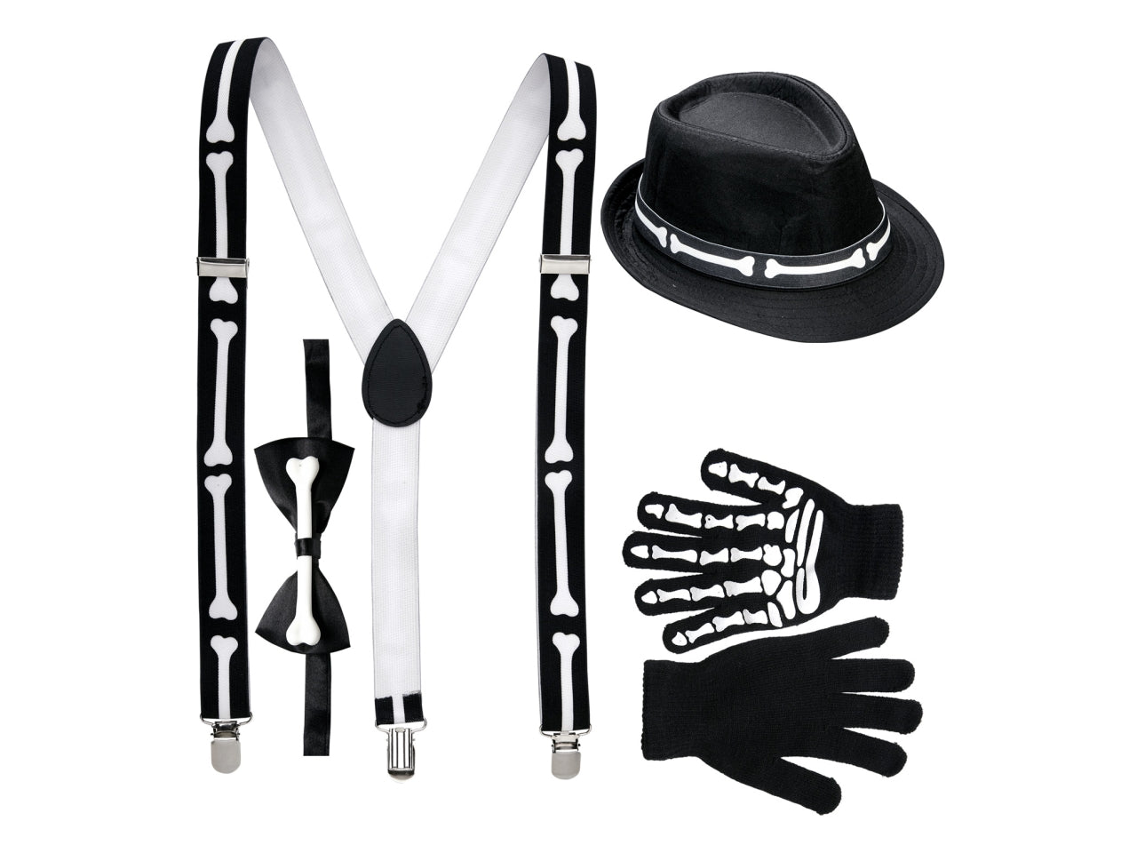 Set da scheletro - il set comprende bretelle, farfallino, guanti e cappello ossa