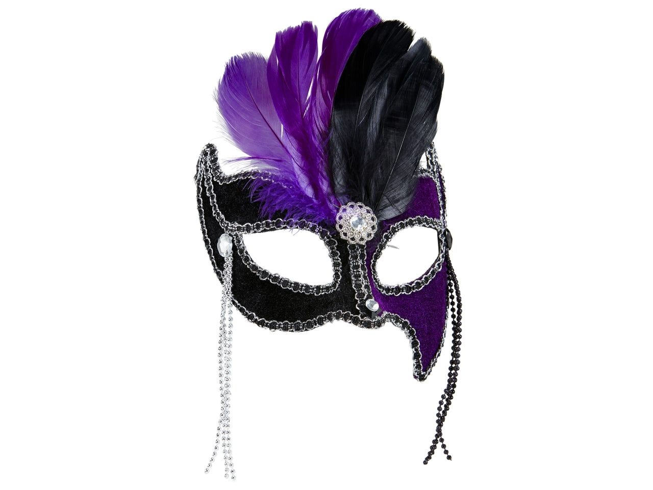 Maschera gran ballo nera e viola con gemme, perline e piume